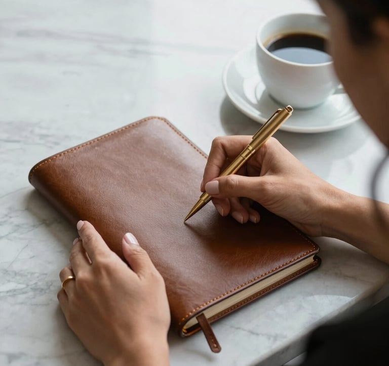 A close-up photograph of a professional South American / Brazilian woman's hands writing in a luxury leather journal. Beside the journal is a simple gold pen and a cup of black coffee on a minimalist marble desk. Soft natural side lighting.