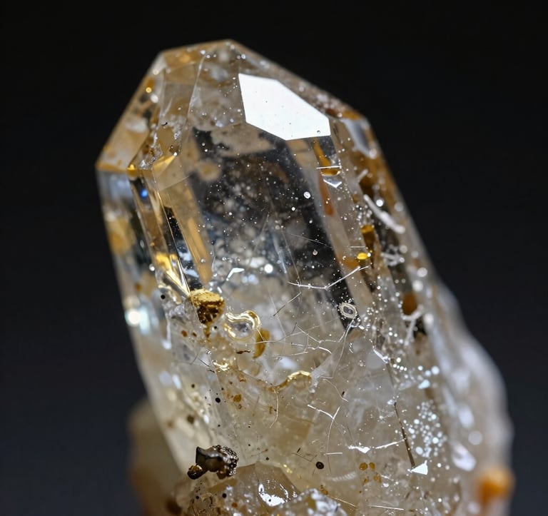Macro photography of a beautiful raw crystal being touched by a soft light, casting muted gold reflections. Symbolizes the process of 'Lapidar' (polishing/refining).