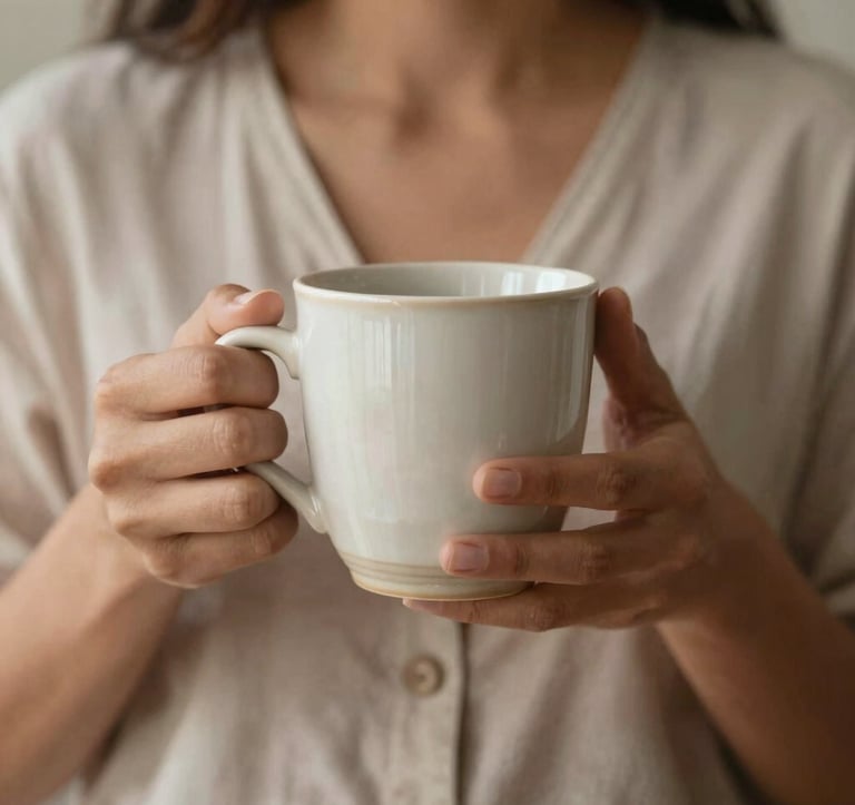A close-up photograph of a woman's hands holding a refined ceramic mug in a South American / Brazilian morning setting. The focus is on the texture and the soft off-white and muted sand tones of the environment, suggesting peace and clarity.