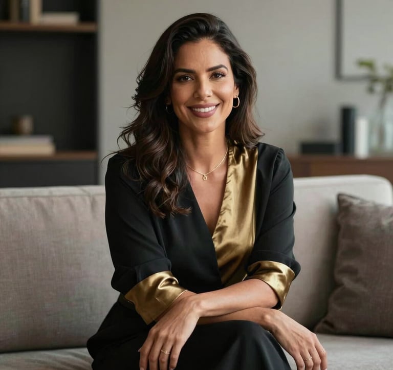 A portrait of a confident and warm South American / Brazilian woman sitting in a modern, minimalist living room. She is wearing elegant, simple clothing in soft black and muted gold. She looks directly at the camera with an inviting and authoritative smile.
