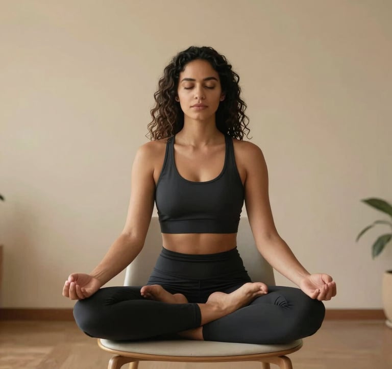 A calm South American / Brazilian woman in a minimalist room with warm sand walls, sitting on a modern chair in a meditative, peaceful pose. Soft focus background.