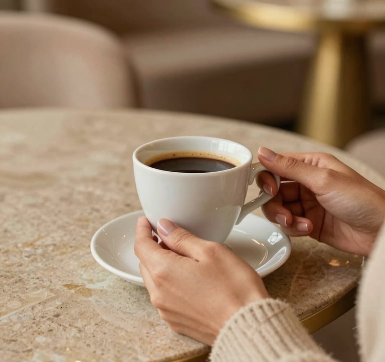 A close-up shot of a woman's hands holding a sophisticated ceramic cup of coffee in a luxury South American / Brazilian lounge. Warm lighting, focusing on textures of soft wool and polished stone. Brand colors of beige and gold are integrated into the scene.
