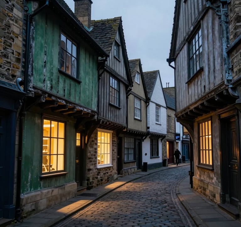A narrow medieval cobbled street in a Northern European / British / Yorkshire city at twilight. Timber-framed buildings lean inward, illuminated by warm yellow light from small shop windows, featuring soft mist green and deep slate shadows.