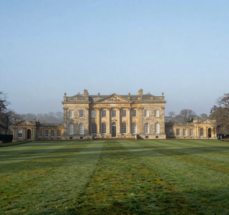 An expansive view of a grand limestone stately home with classical columns, situated in lush Northern European / British / Yorkshire parkland. The scene is bright and airy with mist green lawns and a clear Yorkshire mist sky.