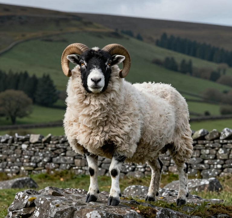 A majestic Swaledale sheep with its characteristic black face and curled horns, standing proudly on a rocky outcrop. In the background, a traditional Northern European / British / Yorkshire dry stone wall and rolling dark forest green hills stretch to the horizon.