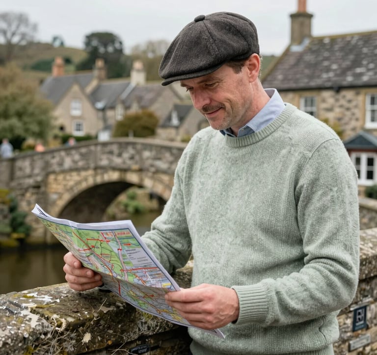 A portrait of a man in his 40s wearing a flat cap and a woolly sweater in soft sage. He is standing by a historic stone bridge in a Northern European / British / Yorkshire village, looking at a paper map with a friendly, helpful expression. The lighting is soft and natural.