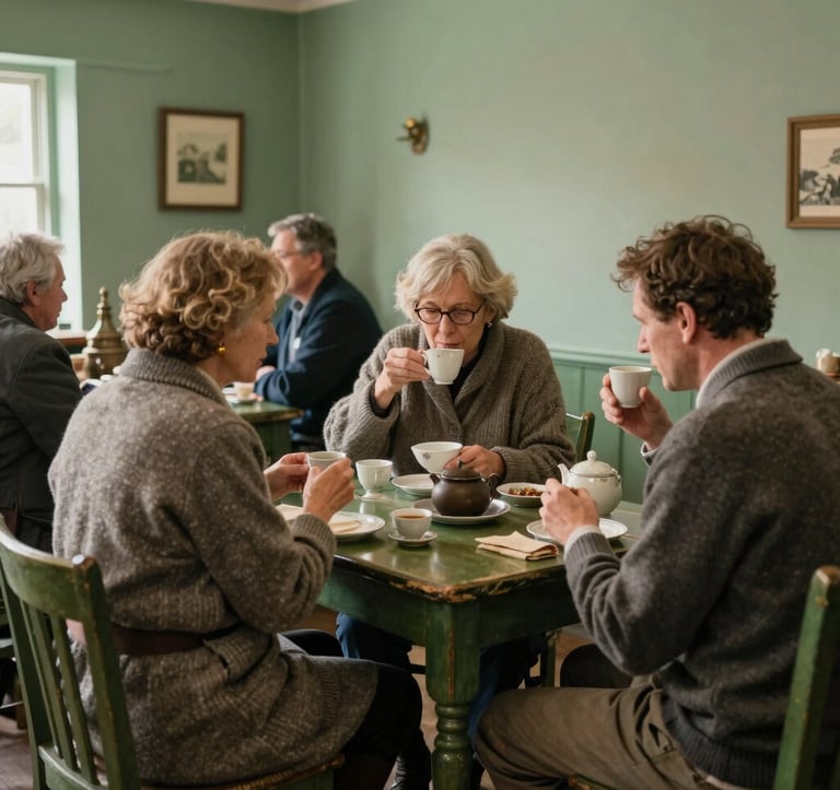 A lifestyle photograph of a traditional local tea room in a Northern European / British / Yorkshire town. Customers in classic wool attire enjoy tea. The interior features soft sage green walls and dark moss green wooden furniture. Warm, trustworthy atmosphere.