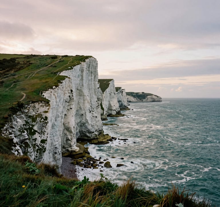 Coastal landscape photography of the rugged cliffs at Flamborough Head. The dark moss green sea crashes against white chalk cliffs. The sky is a pale mist white with streaks of muted leaf green at sunset. Northern European / British / Yorkshire coastline.