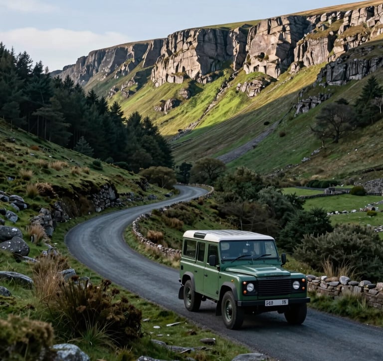 A classic green Land Rover driving along the winding Buttertubs Pass in the Yorkshire Dales. The road is flanked by steep dark forest green slopes and dramatic limestone cliffs. The lighting suggests a fresh, clear Northern European / British / Yorkshire morning.