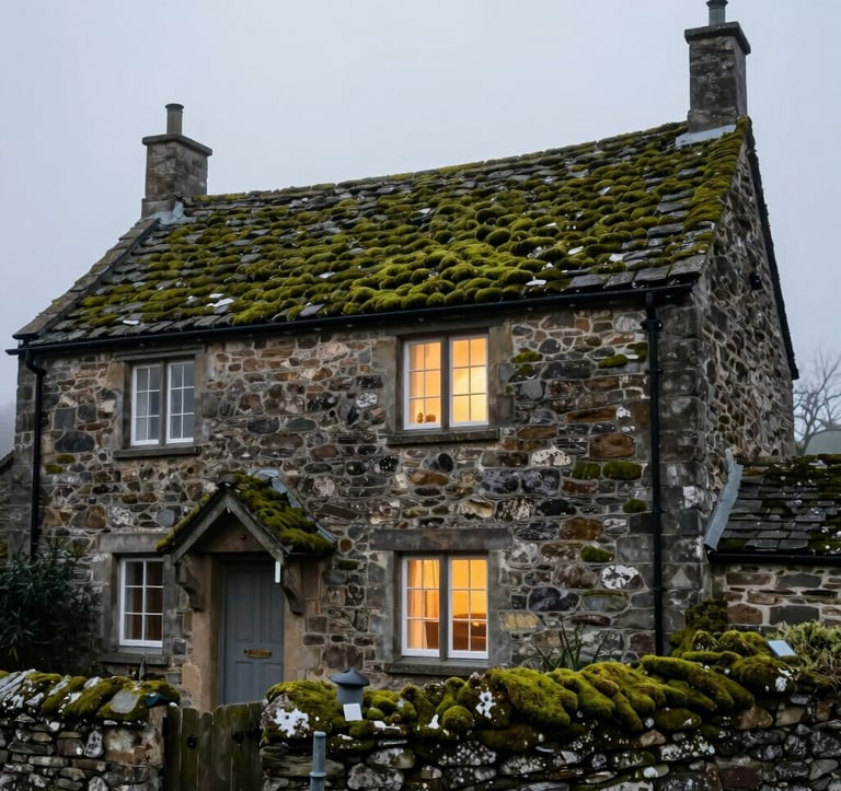 A traditional stone-built holiday cottage with a warm light in the window at dusk in a Northern European / British / Yorkshire village. Moss-covered stone walls in shades of dark moss green. Pale mist white sky.