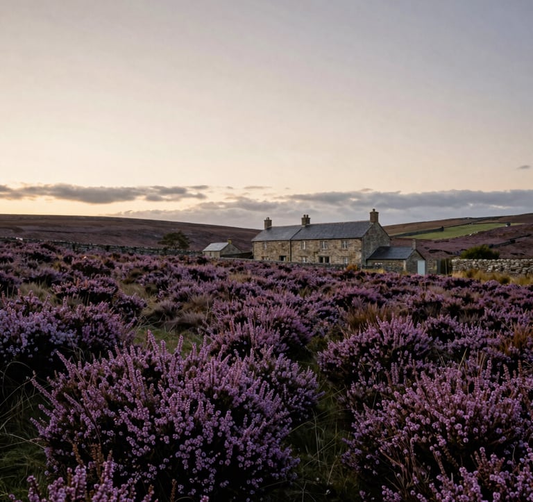 The North York Moors at dusk, covered in blooming purple heather. A traditional Northern European / British / Yorkshire stone farmhouse sits in the distance under a warm off-white and soft grey sky. The scene is quiet, vast, and peaceful.
