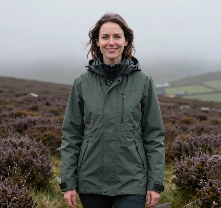 A portrait of a woman in her 30s with a warm smile, wearing a dark slate green weatherproof jacket. She is standing on a misty, heather-covered moorland in the Northern European / British / Yorkshire countryside. The style is modern, professional travel photography.