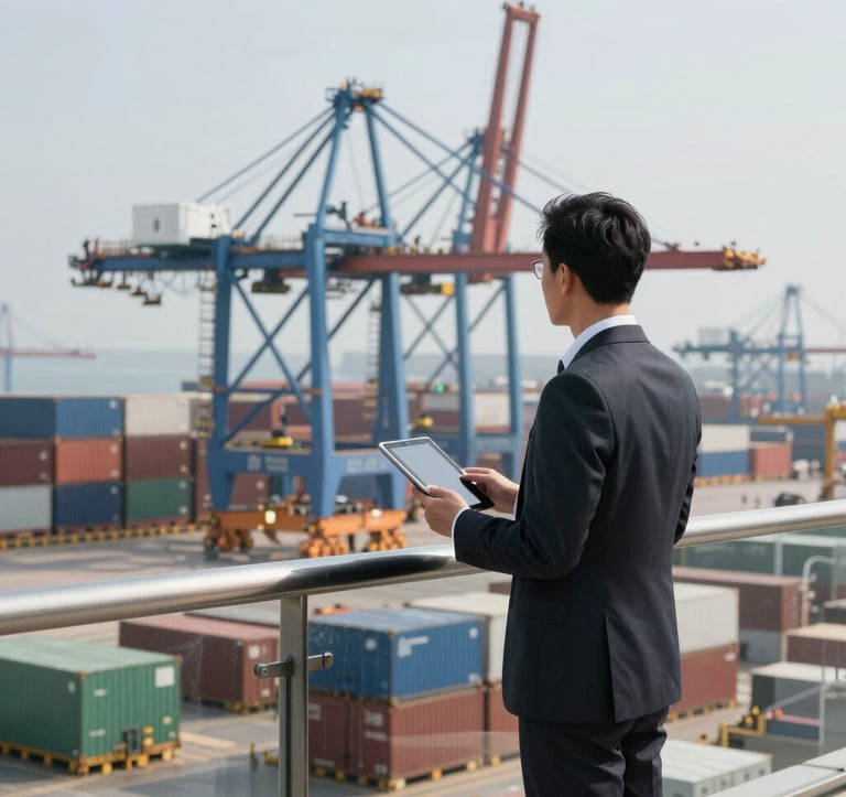 A professional business logistics expert standing on a balcony overlooking a busy shipping port with large blue cranes, holding a tablet and wearing a suit, representing Global Business reliability and modern technology.
