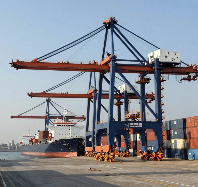 Modern logistics center at a port featuring dark blue and orange industrial equipment, with ships docked in the background under a clear sky, Global Business environment, premium aesthetic.
