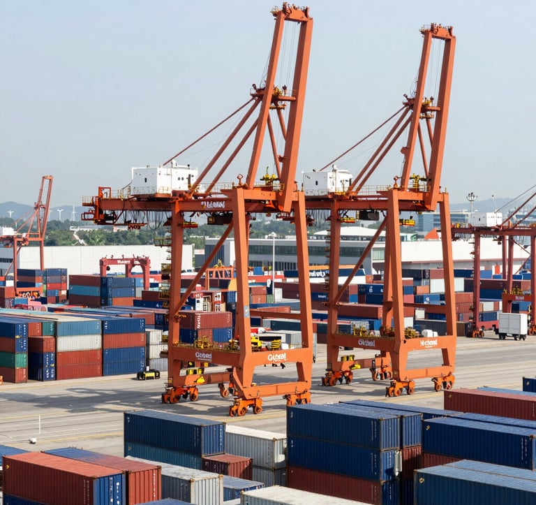 A high-angle photography shot of a busy commercial port with giant orange cranes and stacks of dark blue containers, modern industrial aesthetic, bright daylight, Global Business.