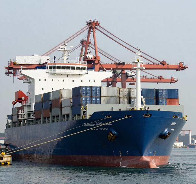 A clean, eye-level shot of a large Roll-on/Roll-off (Ro-Ro) shipping vessel docked at a modern industrial port, with white cranes and steel blue cargo containers in the background, conveying a premium logistics style for Global Business.