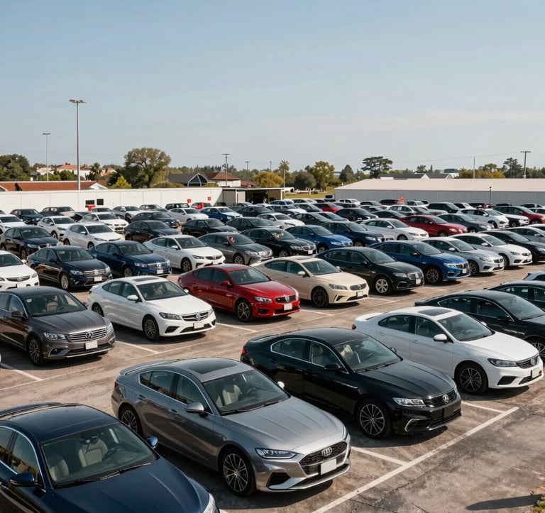 A professional, high-resolution photograph of an organized car auction lot in the United States, featuring rows of diverse modern vehicles under a clear sky, symbolizing the start of the international export journey in a Global Business context.