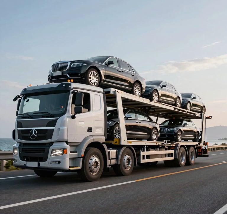 A sleek, modern photography of a heavy-duty hydraulic car carrier truck transporting luxury vehicles down a coastal highway, symbolizing the final delivery phase of the Global Business logistics process.