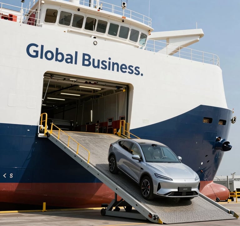 A modern car being driven up the loading ramp of a massive white and dark blue Ro-Ro cargo ship at a professional shipping terminal, bright sunny day, Global Business.