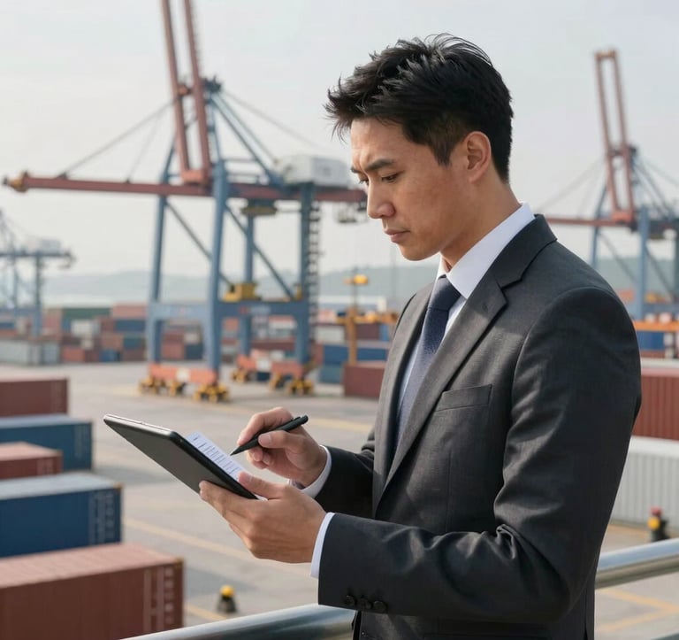 A professional logistics manager in smart attire reviewing digital manifests on a tablet in a busy, modern port terminal with cranes and containers in the background, Global Business style.