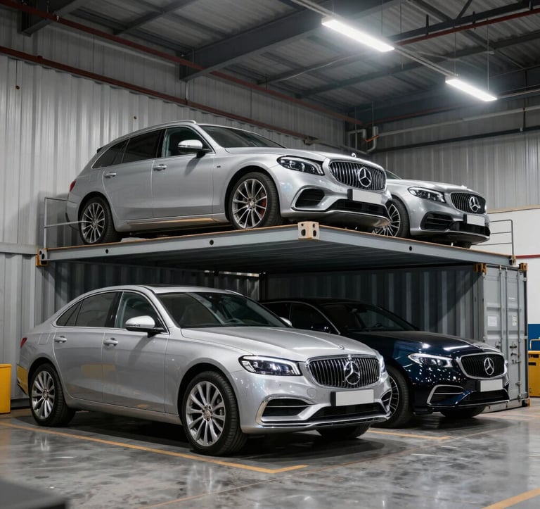 A crisp, detailed photograph of several high-end luxury vehicles secured inside a clean, modern shipping container, illuminated by professional overhead lighting in a Global Business logistics hub.