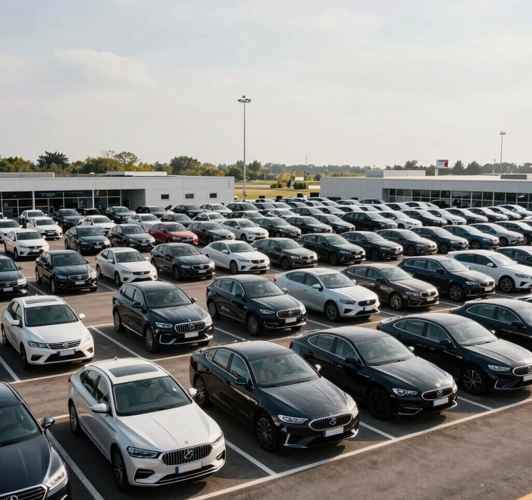 A vast outdoor parking lot filled with various modern cars at a professional vehicle auction facility, organized rows under a bright sky, high-quality photography, Global Business.