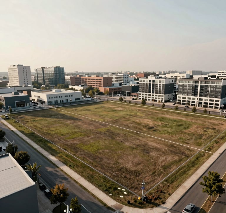 A clean, high-angle photograph of a level land parcel in an urban setting. The boundaries are clearly marked, and the surrounding infrastructure shows modern residential and retail buildings under a soft off-white sky.