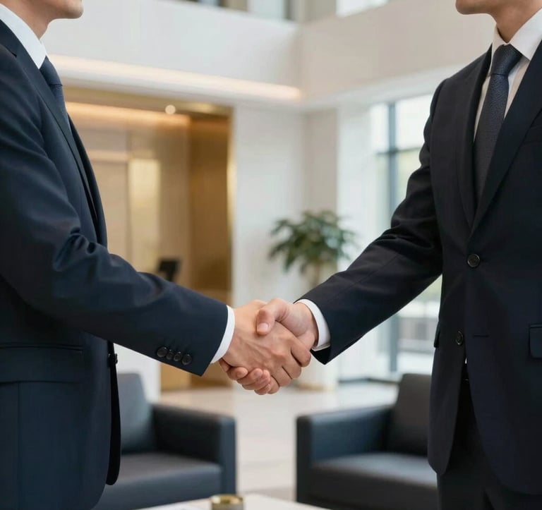 Two professional business partners in formal attire shaking hands in a bright, modern lobby with muted gold accents and deep navy furniture, symbolizing trust and successful investment agreements.