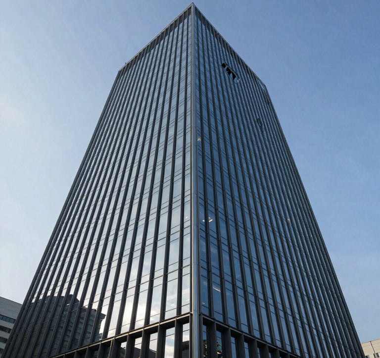 A sleek, low-angle shot of a modern glass office tower reflecting a steel blue sky. The composition emphasizes strength and scale, representing the proximity to major commercial hubs like DLF IT Park.