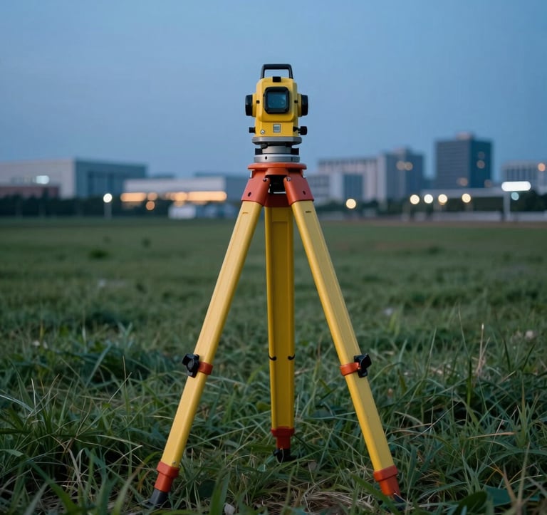A clean, minimalist photographic shot of a surveyor’s equipment standing on a grassy land plot during the blue hour. The background shows the distant, soft lights of a modern commercial district. The mood is one of precision, readiness, and investment potential.