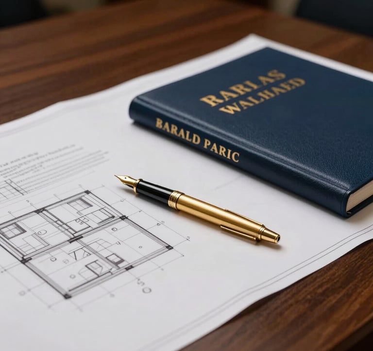 A sophisticated close-up of a high-end boardroom table featuring architectural blueprints and bound legal folders. A sophisticated gold fountain pen rests on top of the documents. The lighting is focused and professional, highlighting textures of paper and wood in deep navy and gold tones.