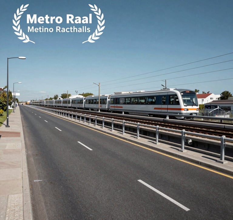 A wide, professional architectural shot of a major city road with the upcoming Metro Rail track in the background, set against a steel blue sky and clean urban environment.