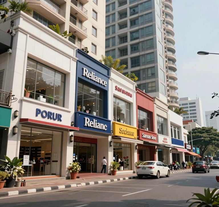 A wide-angle shot of a premium commercial district near Porur, featuring upscale retail storefronts like Reliance and Saravana Stores. The scene is bright and professional, highlighting a vibrant lifestyle ecosystem.