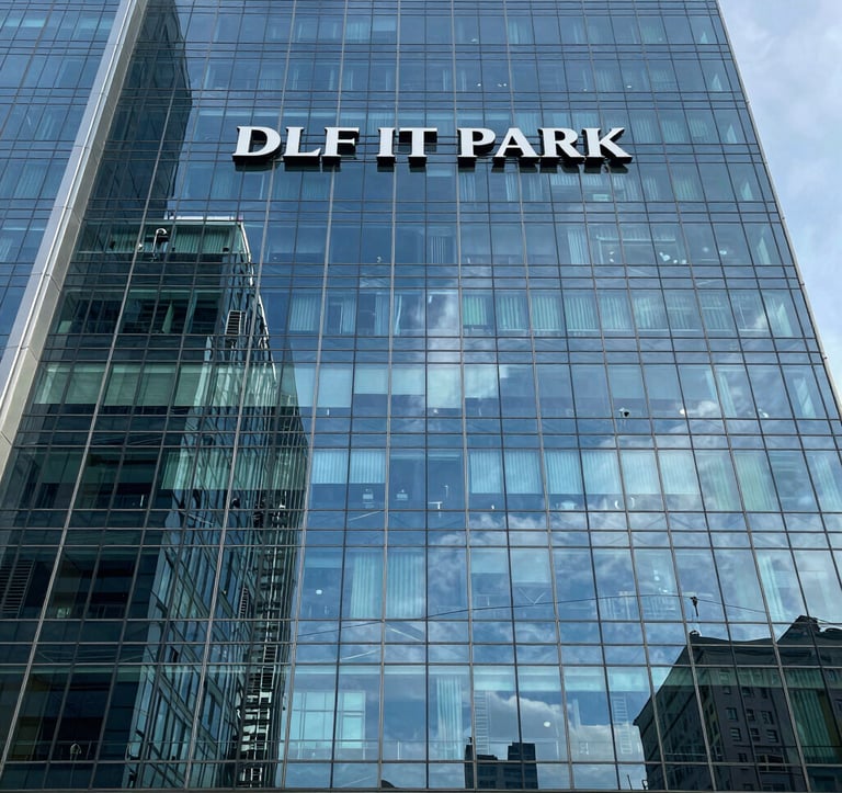 A professional architectural photograph of the DLF IT Park facade in Chennai. The building features sleek glass panels reflecting a steel blue sky, symbolizing modern commercial growth and high-value surroundings.