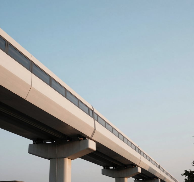 A clean, eye-level photograph of a modern elevated metro rail track in Chennai. The structure is minimalist and sleek, set against a soft white and steel blue sky at dusk.