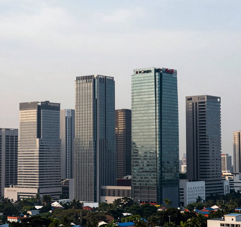 A wide-angle professional photograph of the modern Chennai skyline near Porur, featuring sleek commercial buildings with glass facades reflecting a soft white sky. The image should convey progress and infrastructure development.