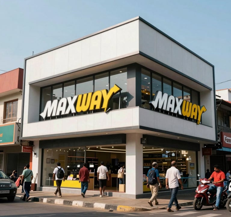 A vibrant, high-end street photography shot of the Porur retail district, showing a modern storefront like Max or Subway with clean architectural lines. The scene is bright and bustling, indicating high commercial activity, under a clear sky.