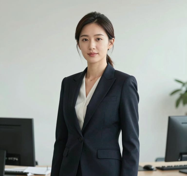 A professional portrait of a female executive in an East Asian business setting. She is wearing a dark, sophisticated blazer. The composition is a medium shot with a minimalist modern office background in soft light mint and off-white tones. The lighting is clean and professional, emphasizing an air of reliability and innovation.