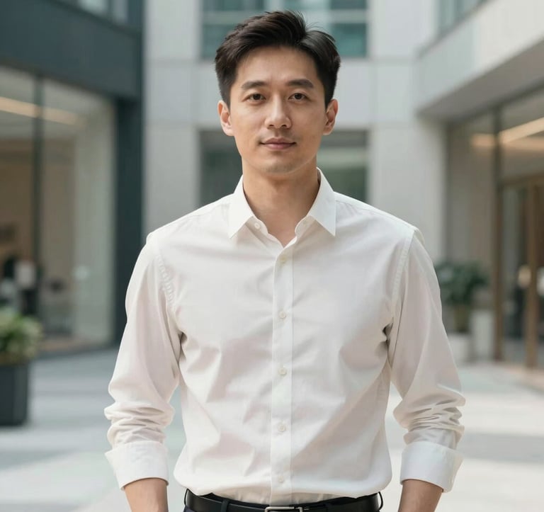 A portrait of a male business leader in an East Asian city. He is dressed in business casual attire, standing in a brightly lit, high-end commercial environment. The style is professional photography with natural lighting, using a color palette of off-white and medium teal for a sophisticated look.