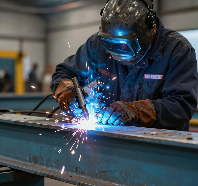 A close-up photograph of a skilled South American welder working on a large-scale metallic beam structure. Intense blue sparks are flying, highlighting the precision and industrial strength. The setting is a modern construction workshop. The palette features dark navy and muted teal tones.