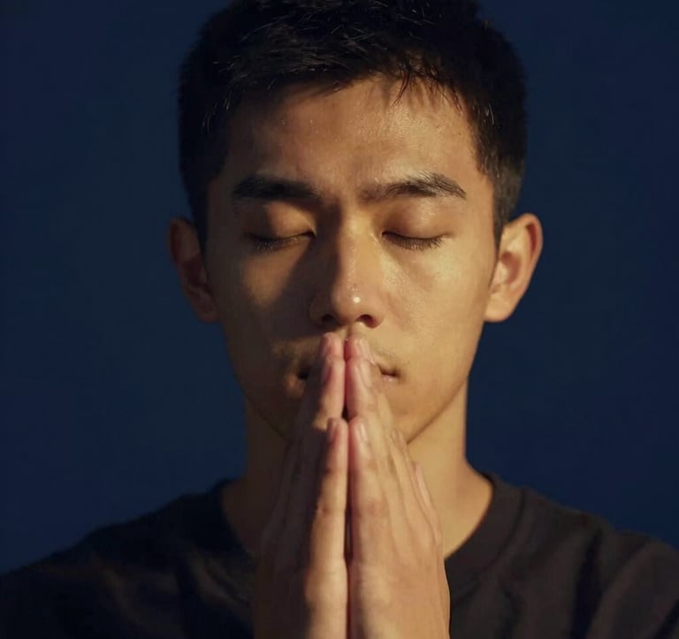 A close-up, high-end portrait of a person in prayer, with soft golden light #D8B863 illuminating their face against a deep navy #0D131C background. The style is modern and cinematically lit to convey spiritual focus and divine acceptance.