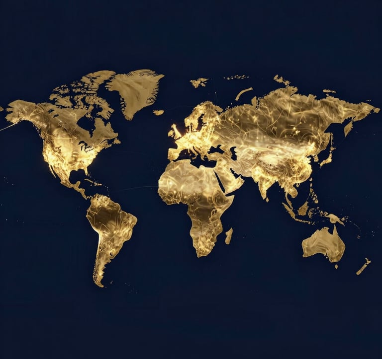 A high-end, cinematic visualization of a global map rendered in glowing gold lines (#D8B863) against a deep navy background (#0D131C). Light pulses move across the continents, symbolizing a global movement of faith.