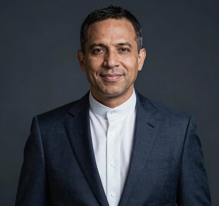 A portrait of Pastor Comrade Bob Alleluia in a modern, professional setting, looking composed and authoritative, with subtle studio lighting and a deep navy and charcoal background that feels high-end and spiritual.