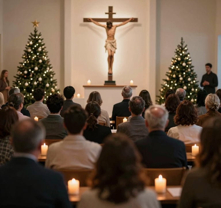 A spiritually powerful scene of a Christmas evening service, with warm candlelight, modern minimal decor, and a community gathered in unity, reflecting deep peace and divine acceptance in Christ.