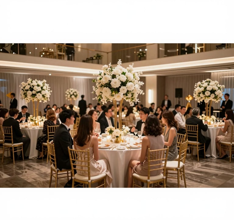 An elegant, wide-angle photo of an anniversary celebration in a modern hall, featuring gold and white decor, people dressed in sophisticated attire, and a warm, joyful atmosphere with premium lighting.