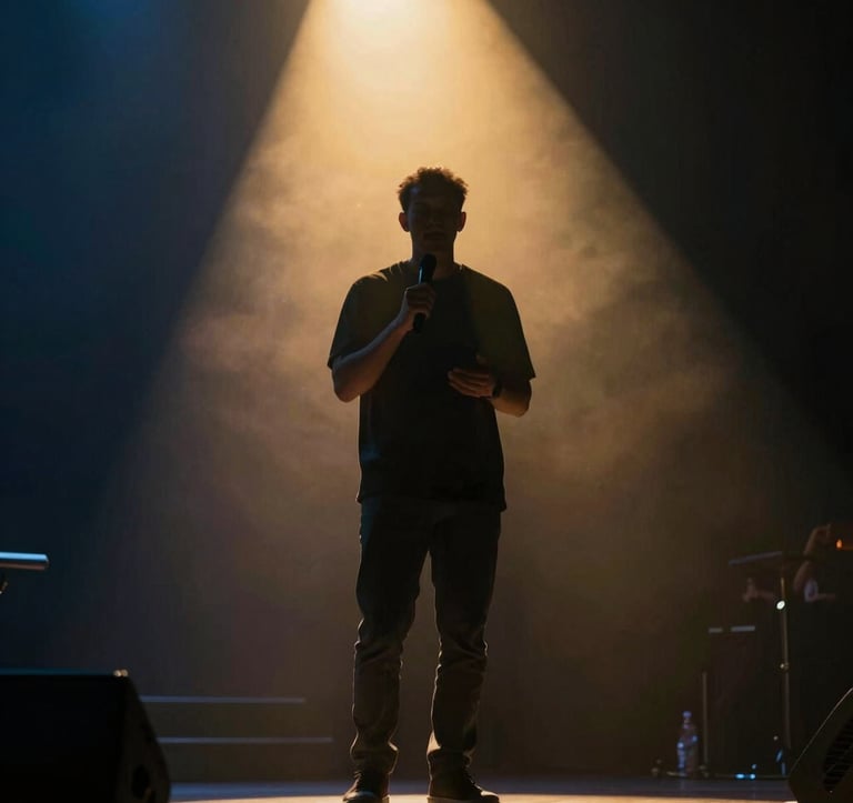 A powerful image of a speaker on stage from a low angle, silhouetted against a brilliant golden light source #D8B863. The atmosphere is filled with a subtle haze or smoke, characteristic of modern high-end worship environments. Dark navy #0D131C palette.