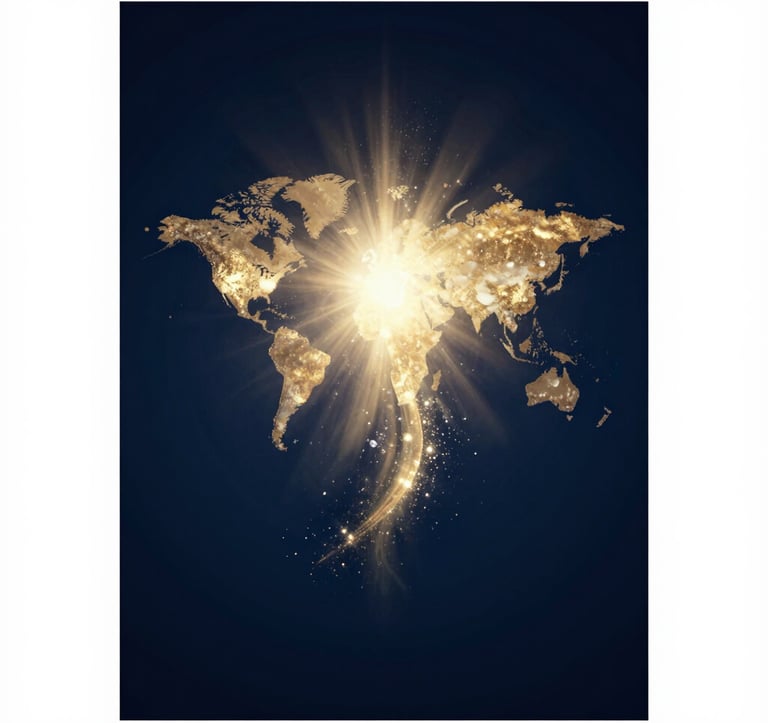 Abstract spiritual light sculpture representing the gospel spreading across nations. Deep navy background with shimmering gold and white light particles. High-end, cinematic, and modern.