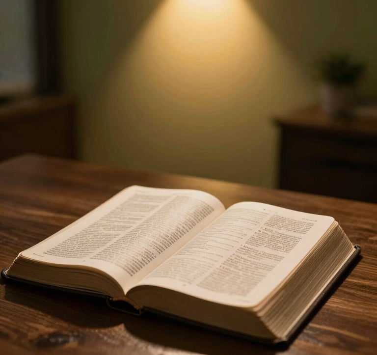 A powerful, close-up image of an open Bible on a dark wood table, illuminated by a warm golden spotlight (#D8B863). The focus is sharp on the text, suggesting depth and spiritual truth, set against a modern, minimal ministry interior.