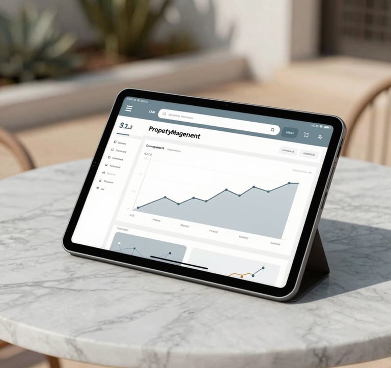 A close-up of a high-end tablet displaying a property management dashboard with growth charts, placed on a marble outdoor table in an Algarve setting. Sophisticated atmosphere, incorporating tones of #4A6D7C and #B4C5CB.