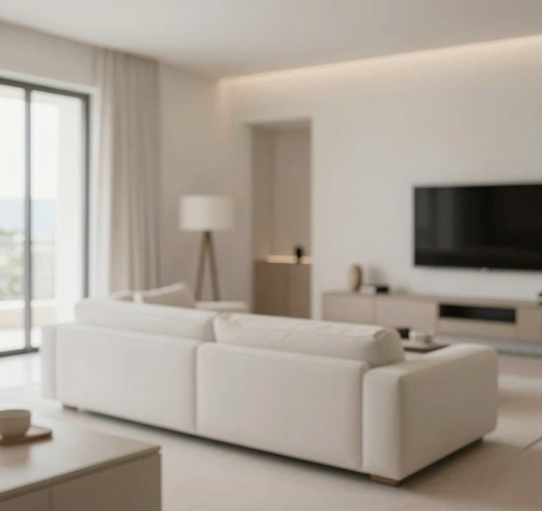 A close-up of a premium, minimalist interior design in a luxury Algarve apartment, showing high-quality materials, soft textures, and neutral tones (#B4C5CB, #F7F9FB), conveying a sense of exclusivity and comfort.